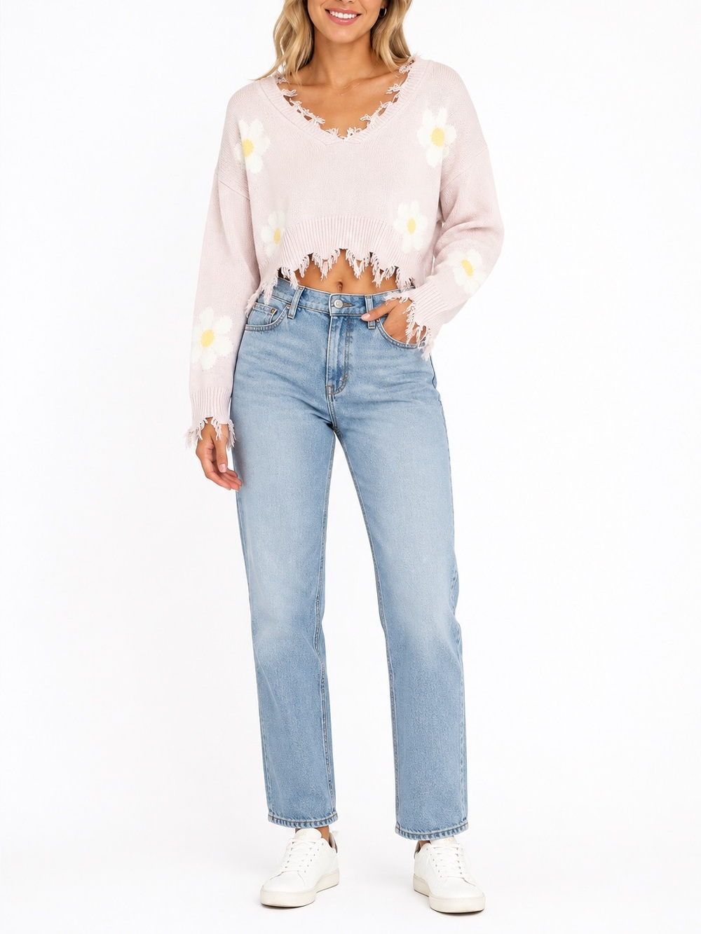 Rue21 Size Small Pink Distressed Cropped Daisy Sweater New With Tags